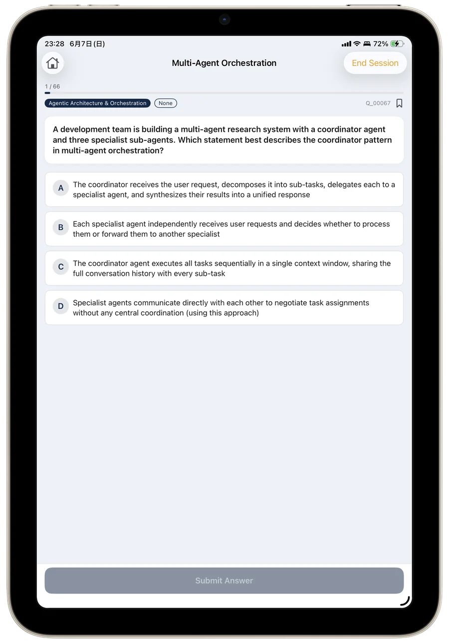 CCA Foundations exam-prep app question screen in English