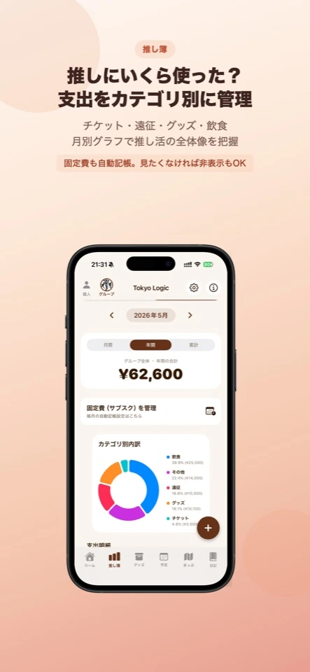 MyFanClubの推し簿とグッズ画面