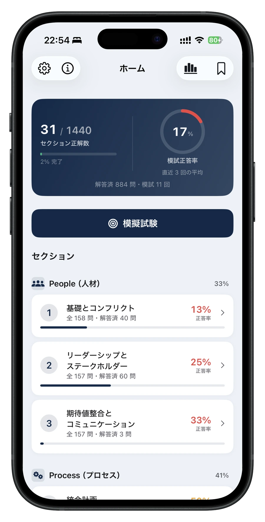 PMP問題集のホーム画面。ECO2026対応の1,440問と模擬試験の進捗を表示